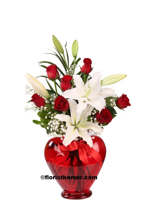 5pc white lilium & 7pc red rose bouquet Heart Vase Lily & Rose 