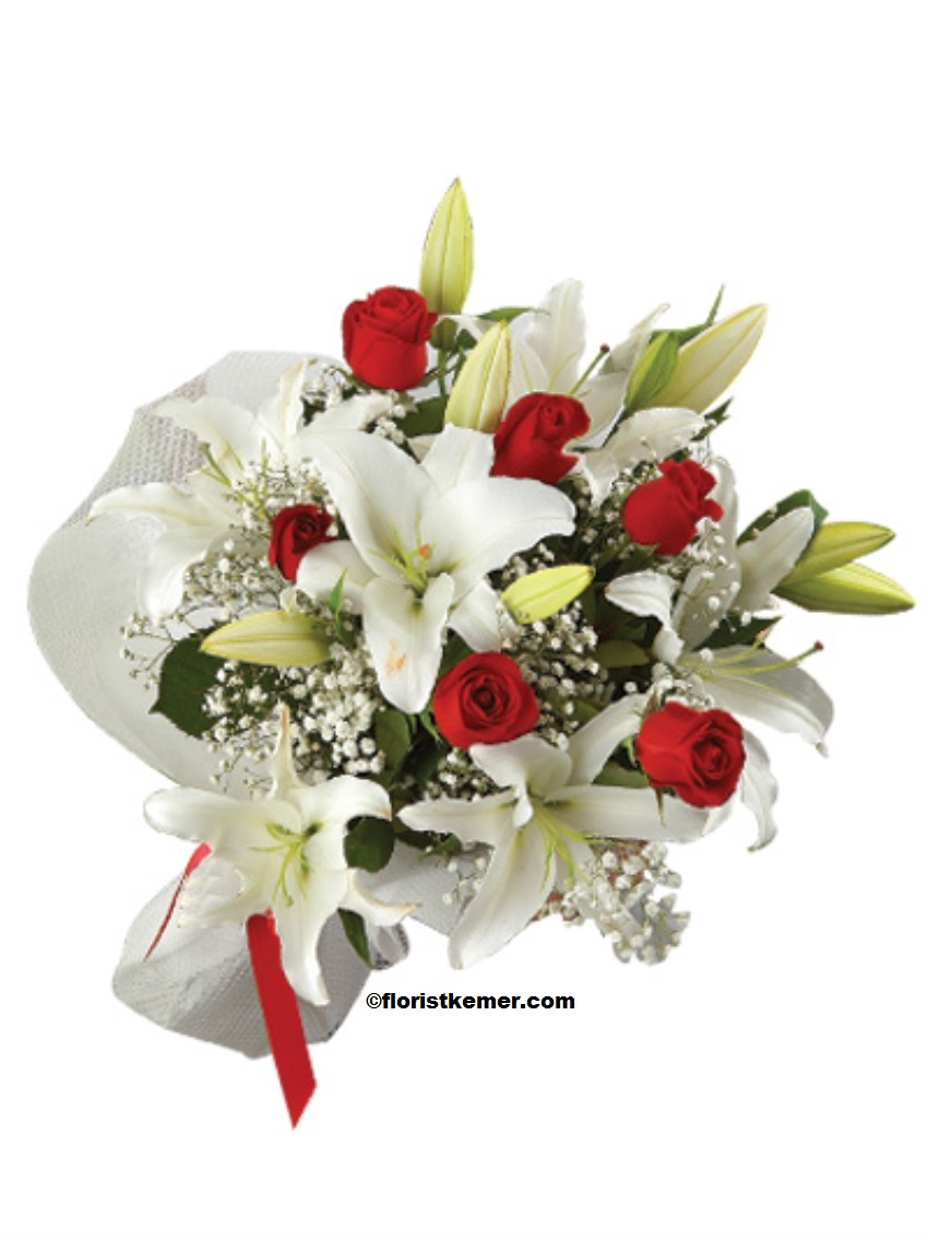 kemer florist 5pc White Lilium & 7pc Red Rose Bouquet 