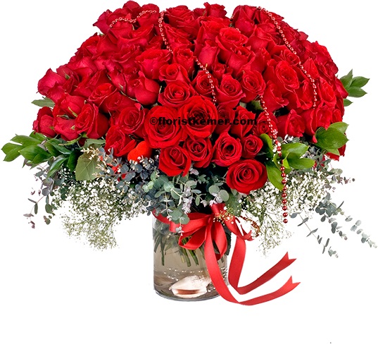  Kemer Çiçek Siparişi 101 Adet Kırmızı Gül Vazoda