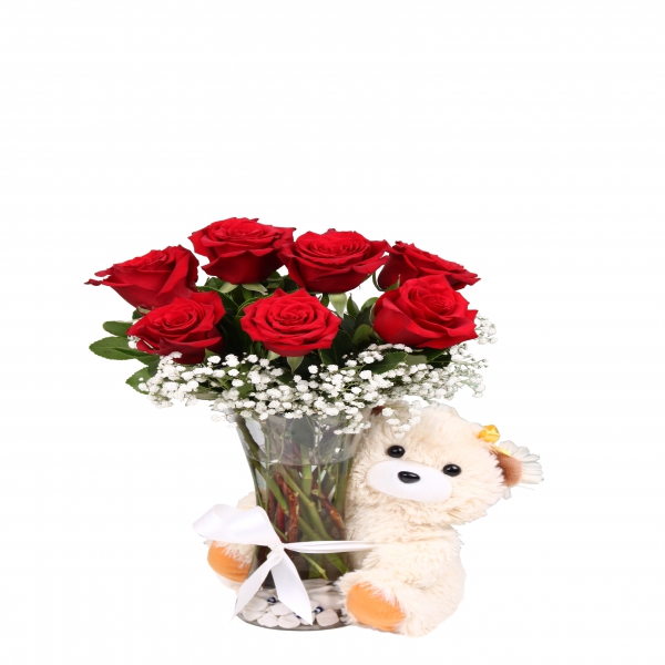  Kemer Flower Order 7 Roses and Teddy Bears in Vase