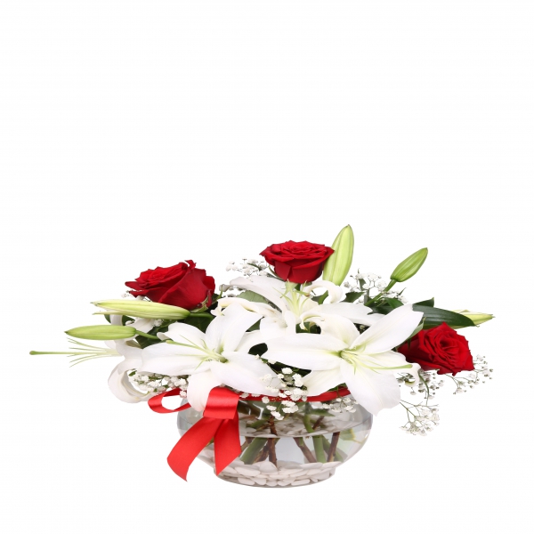  Kemer Florist Lilien & Rosen in einer Kuppelvase