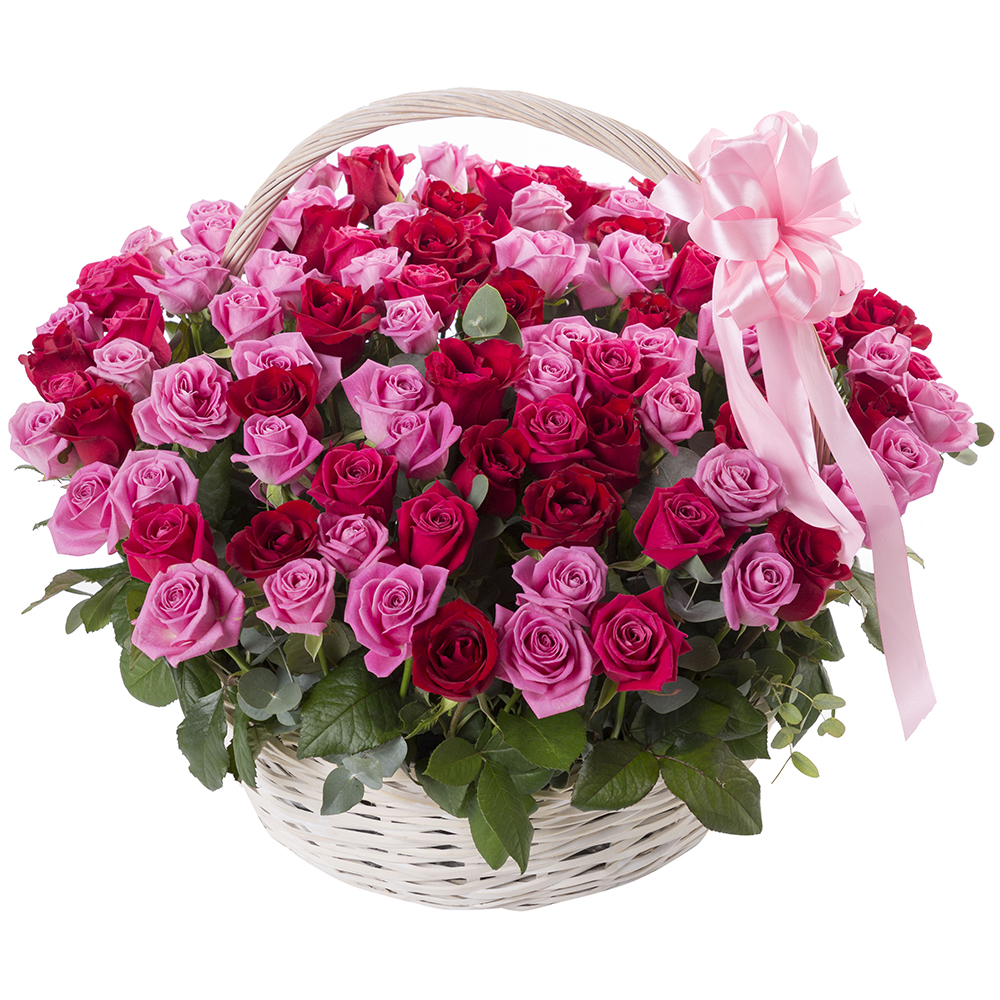 Kemer Florist 101 Pieces of Pink Red Roses in a Basket