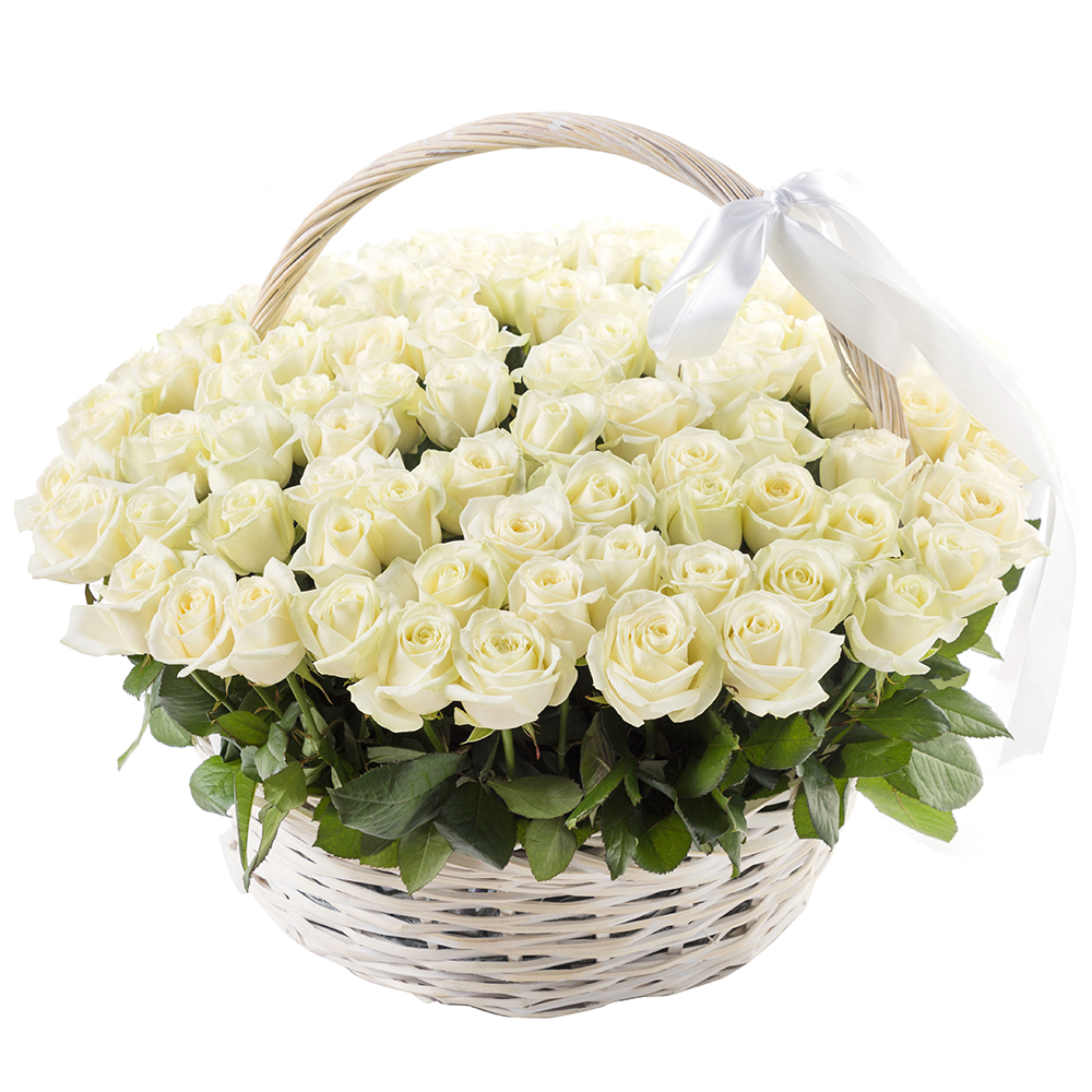  Заказ цветов в Кемер  101 белая роза в корзине