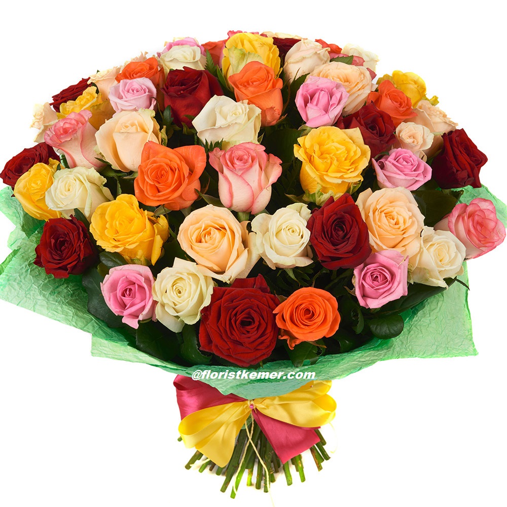  Флорист в Кемер 51шт разноцветных роз Букет