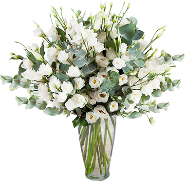 19 pieces of white rose arrangement in a basket 71 pc white Lisyantus Vase 